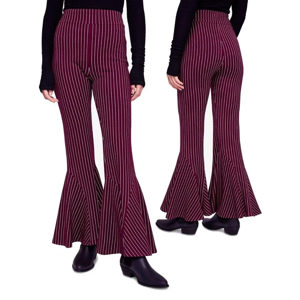Free People Burgundy Striped Mari Ponte Flared Casual Trouser Pants Size‎ 8